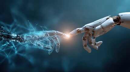 Digital transformation concept, human finger connecting with robotic fingertip, glowing energy spark representing AI, machine learning, and artificial intelligence progress.