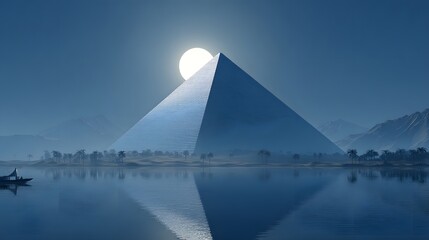 A large pyramid stands on a tranquil lake shore at dawn.