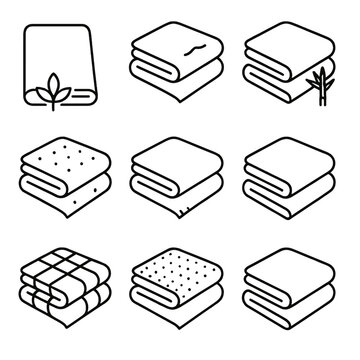 Line Icon Bed Sheets. Line style icons of Bed Sheet Fabrics: cotton sheet, linen sheet, bamboo sheet, microfiber sheet, jersey