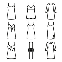 Nightgown Style Icons. Line style icons of Nightgown Styles: sleeveless slip, lace chemise, ruffle hem gown, long-sleeve maxi,