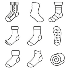 Bed Socks Icons. Line style icons of Bed Socks Collection: cable-knit sock, fuzzy sock, compression sleep sock, toe-separator sock