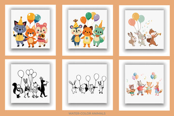 Watercolor parade of beautiful wild animals. Perfect for birthday party invitations, nursery art, baby shower invitations.