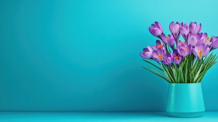 Fototapeta premium Crocus bouquet in teal vase against turquoise background