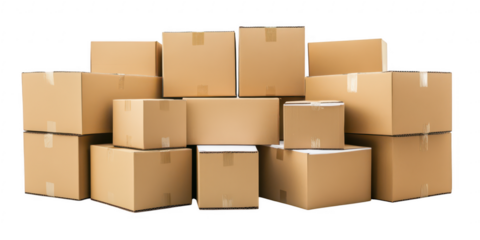 Pile of cardboard boxes stacked on transparent png background
