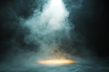 Fototapeta premium Dark smoky scene with a spotlight illuminating the ground a mysterious atmosphere