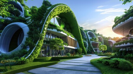 
Eco Community eco village with modern sustainable homes and walkways lined with greenery.