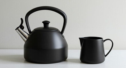 Obraz premium Matte Black Kettle and Milk Pitcher Set for Coffee or Tea.