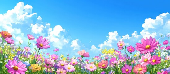 Vibrant Pink Cosmos Field Under a Sunny Blue Sky, A Vibrant and lively summer Scene watercolor