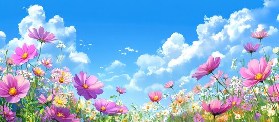 Obraz premium Spring Wildflower Meadow with Vibrant Cosmos Blooms under Bright Sunlight