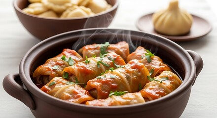 Steaming cabbage rolls in a brown ceramic pot, with dumplings and khinkali in the background.