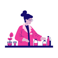 Graphic design of a scientist woman working in the laboratory with test tubes, ideal for science and research projects, with a modern, simple style.