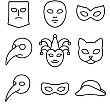 Venetian Mask Icons. Line style icons of Venetian Mask Collection: bauta mask, volto mask, colombina half mask, plague doctor beak