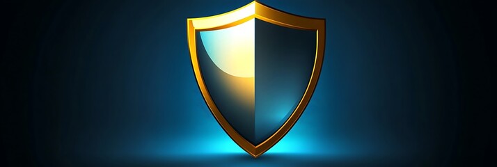 Glossy 3D vector shield icon with a metallic shine on a blue gradient background