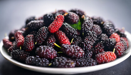 close up of ripe mulberry berries selective focus on berries healthy and tasty seasonal berries concept