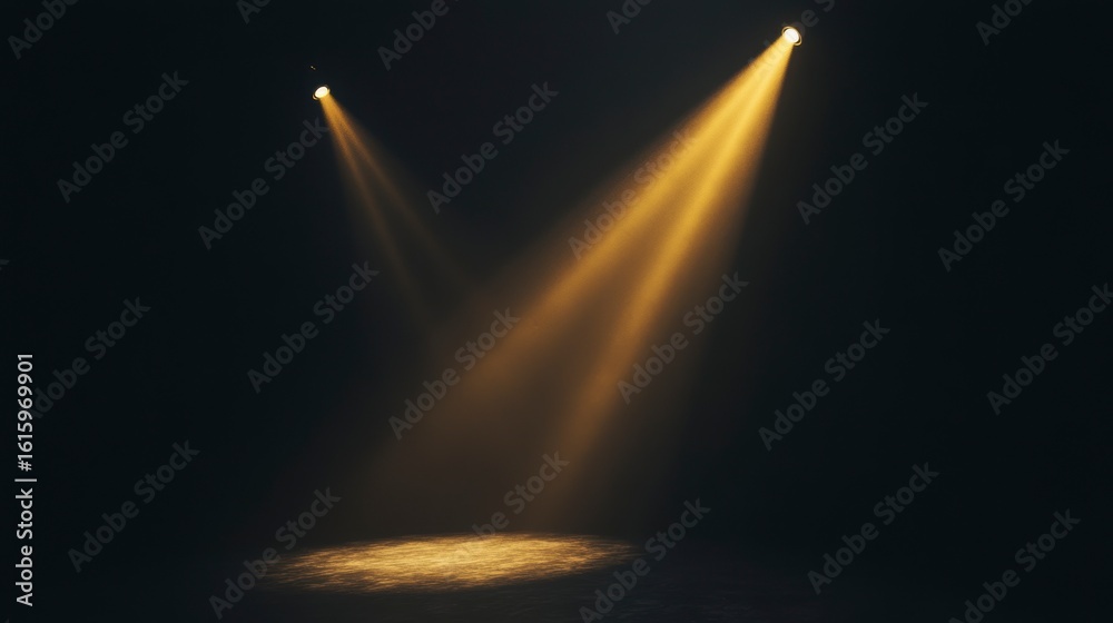 Wall mural two golden spotlights illuminate a dark stage, creating a dramatic effect with hazy beams.