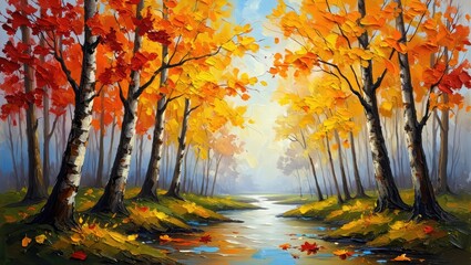 Autumn park with bright orange and yellow trees reflecting in calm water, peaceful seasonal vertical wallpaper. Generative AI.