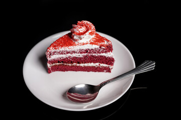 Isometric view of Red velvet cake in white plate	