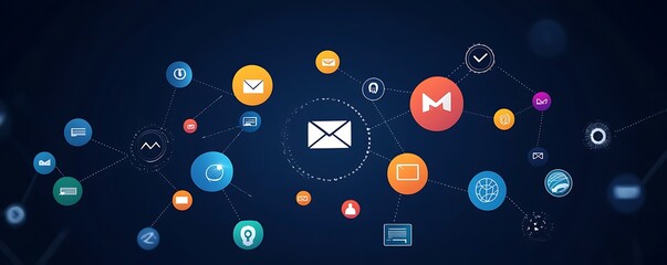High-resolution communication icons including email, chat bubbles, and internet services on a deep navy background