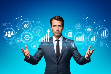Confident businessman presenting digital interface with glowing icons and financial charts representing data analysis and business growth on a blue background