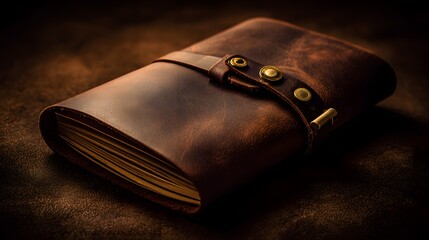 Close-up of a brown leather notebook.