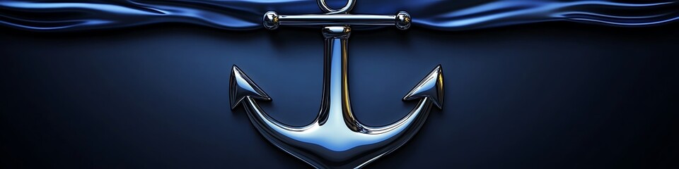 Metallic 3D vector anchor icon with a reflective surface on a navy blue background