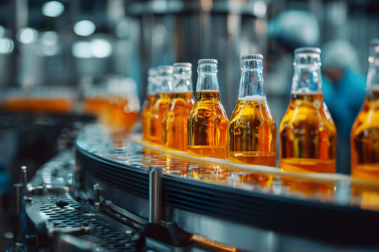 Automated beer bottling process in brewery factory. Worker quality control on food industry