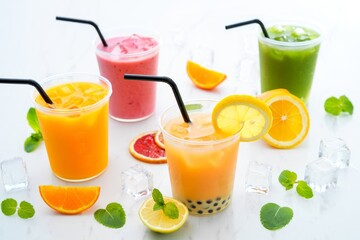 Fototapeta premium Refreshing assortment of colorful fruit juices and smoothies with fresh fruit garnishes