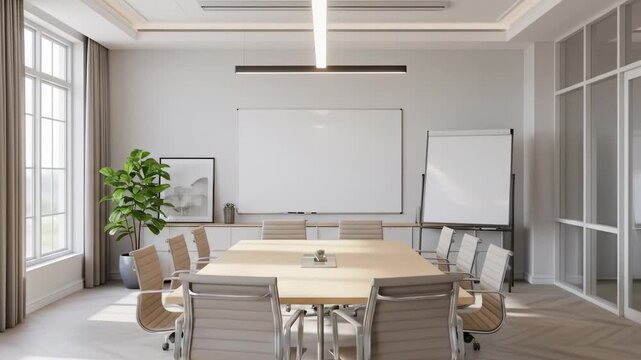 Stylish boardroom with modern chairs, indoor plants, and whiteboard, ideal for presentations, collaboration, and planning in a bright space.
