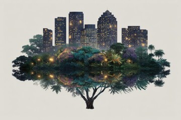 Obraz premium Urban Jungle Reflection Showcasing a Lush Tropical Oasis Merged with a Gleaming City Skyline Illuminating Nature's Resilience Against Modern Industrialization captured with clarity