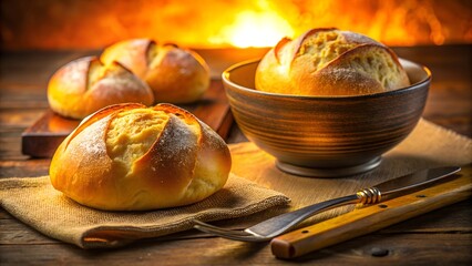 Photo of freshly baked bread rolls dusted with flour, presented in a rustic bowl and on a napkin, with a warm oven glow in the background