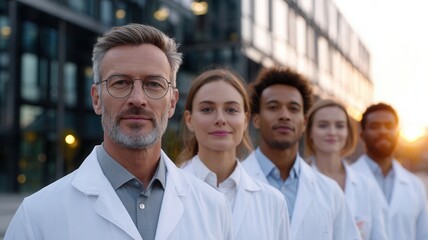 Medical team standing together near contemporary hospital building, representing professional healthcare collaboration and teamwork