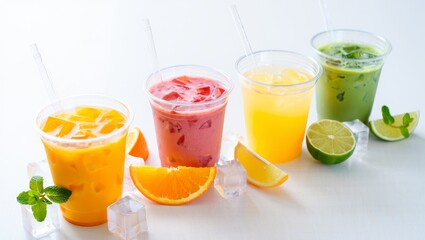 Fototapeta premium Four refreshing fruit juices with mint and citrus slices on a white background