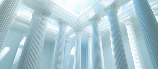 Naklejka premium Beautiful airy widescreen minimalistic white and light blue architectural background banner with tilted columns, indoor view