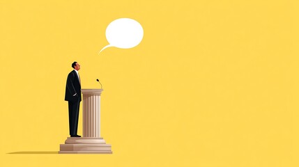 Elegant Speaker at Podium with Speech Bubble on Bright Yellow Background for Presentation and Events