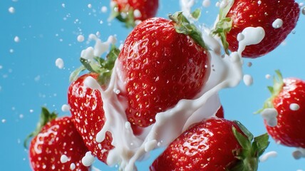 Ripe strawberries splitting, falling into swirling milky splash against bright blue backdrop, highlighting fruit's juicy essence