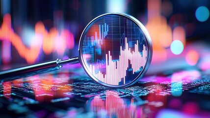 Magnifying glass hovering over glowing stock market chart, revealing digital data landscape and financial analysis insights against high tech background