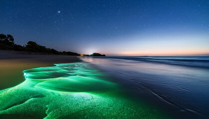 nighttime bioluminescence illuminates coastal waters in a tranquil beach setting under a clear sky