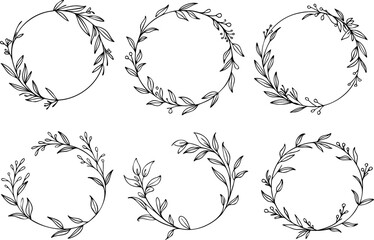 Graceful Botanical Modern circle Frame Set – Hand-Drawn Elegant Floral Line Art in Monochrome