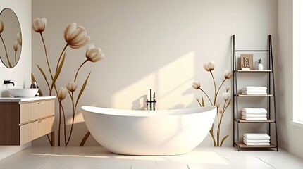 Modern bathroom with floral wallpaper and natural light