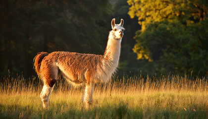 a calm llama standing in a grassy field with trees in the background during a bright afternoon