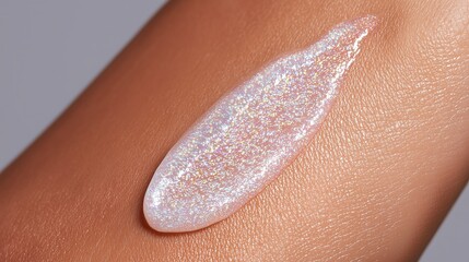Fototapeta premium Close-up of shimmering cosmetic gel applied on smooth skin, showcasing a glossy texture and iridescent sparkle, ideal for beauty product advertisements and skincare promotions