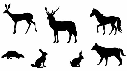 Vector  silhouette illustration showing a deer, horse, wolf, hare, rabbit and a weasel in a black and white image