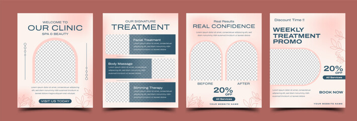 Spa and Beauty Clinic Social Media Post Template Design Collection. Pastel Pink Background with Leaf Line Ornament.