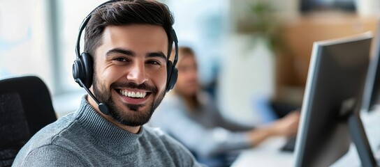 Happy call center representative with headset smiling at desk in modern office, perfect for customer service ads, support solutions, and communication marketing