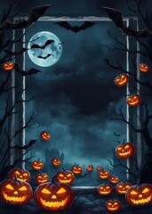 Halloween night frame with bats and Jack O' Lanterns Vector poster illustration dreamlike imagery subconscious exploration bending reality imaginative narratives juxtaposing elements evoking w