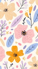 Colorful floral pattern featuring various flowers and leaves in pastel shades, creating a vibrant and cheerful design suitable for backgrounds and textiles with copy space