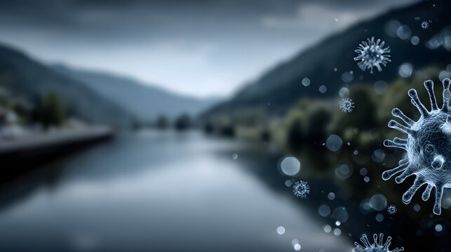 Microscopic organisms overlaid on a serene natural scene.