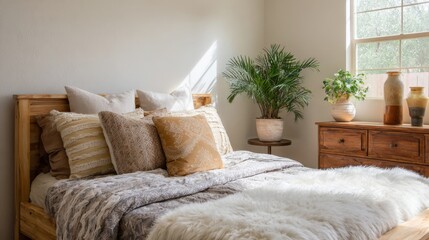 Cozy bedroom with wooden bed, decorative pillows, and natural light creating a serene atmosphere