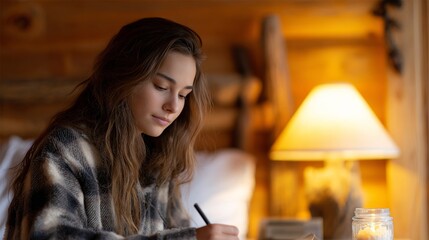 Young woman in cozy sweater is writing in a notebook by warm lamp light, creating a serene atmosphere in a rustic cabin setting