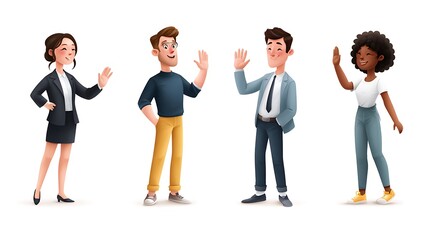 Obraz premium Group of Diverse Characters Waving in a Cheerful Greeting Pose in Flat Style Illustration